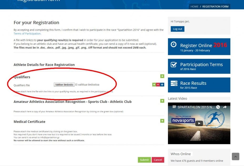 Spartathlon -ilmoittautuminen, liitteet